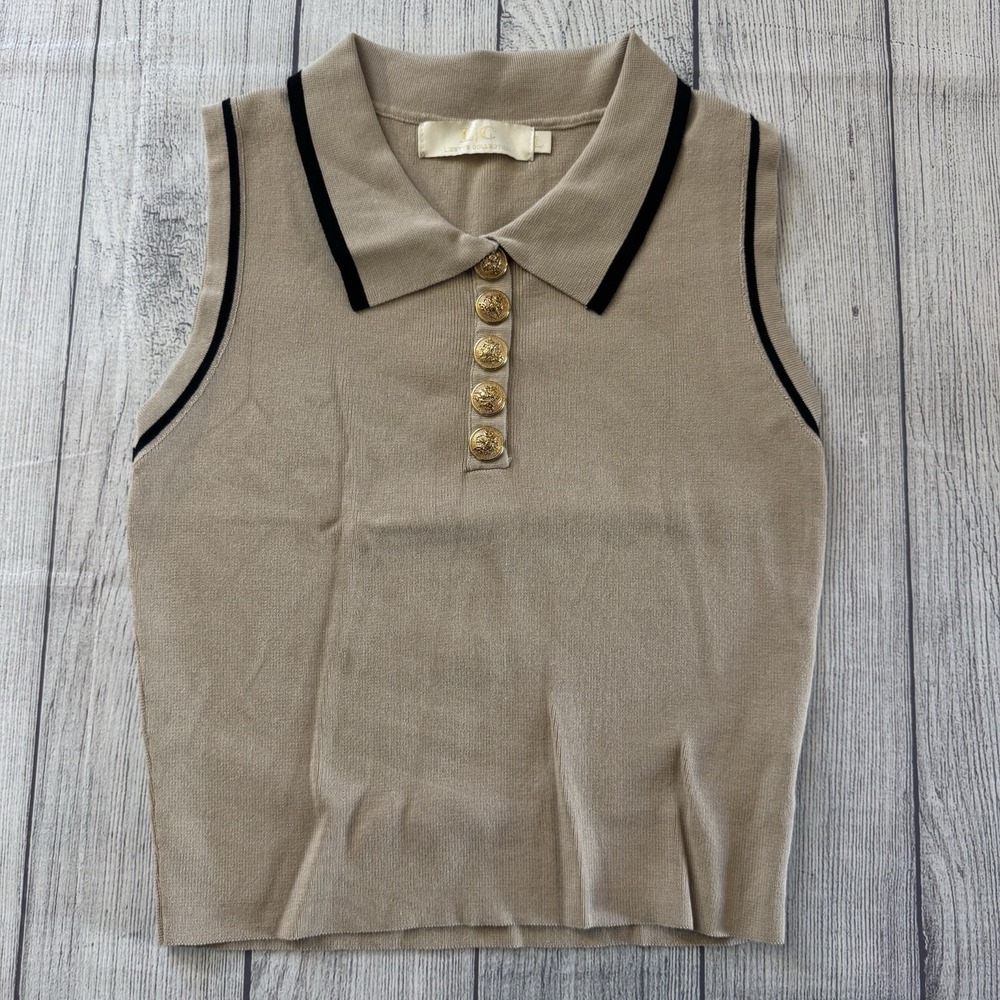 Lizette‎ Collection Sleeveless Knit Polo Top Gold Button Beige Preppy Womens L
